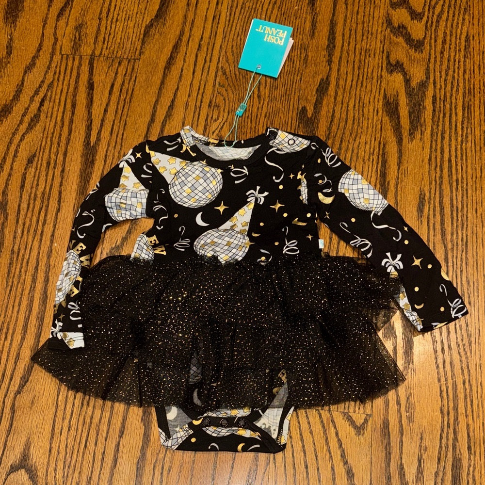 Posh Peanut Boogie Down Happy New Year Outfit with gold glitter tutu attached